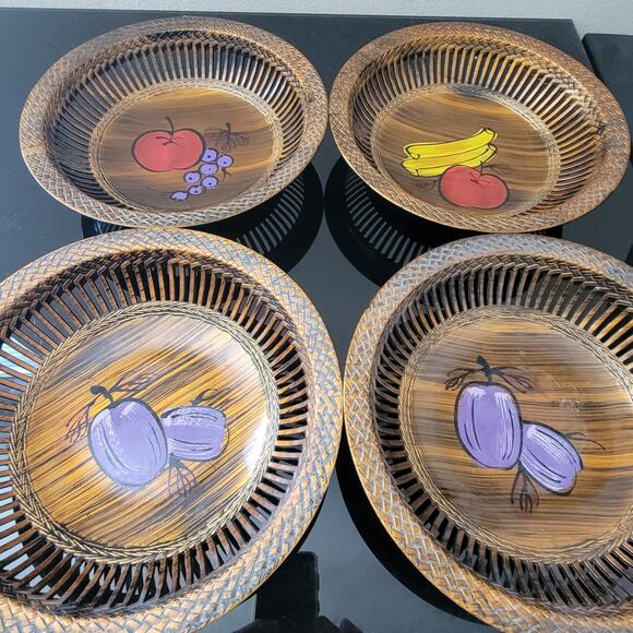 Rare MCM Apco Japan Melamine Lacquered Lattice Open Fruit Bowls Signed Set of 4 - Picture 1 of 11